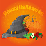 Halloween poster, banner or background. Vector illustration with pumpkin and hat