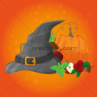 Halloween poster, banner or background. Vector illustration with pumpkin and hat