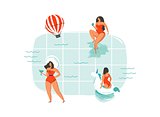Hand drawn vector abstract cartoon summer time fun swimming young girls group collection illustrations isolated on blue swimming pool waves background.