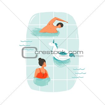 Hand drawn vector abstract cartoon summer time fun swimming people couple illustrations with unicorn buoy ring isolated on blue ocean waves
