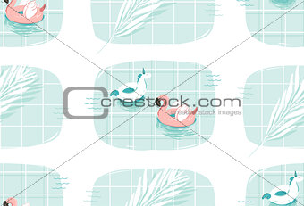 Hand drawn vector abstract cartoon summer time fun illustration seamless patttern print with pink flamingo and unicorn buoy ring in blue swimming pool texture isolated on white background