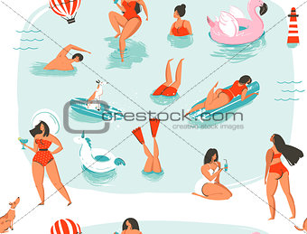 Hand drawn vector abstract cartoon summer time fun swimming people group collection seamless pattern illustrations isolated on blue ocean waves background