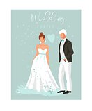 Hand drawn vector abstract cartoon wedding couple illustrations collection element set isolated on blue background.
