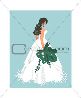 Hand drawn vector abstract wedding bridal in white dress illustration isolated on blue background