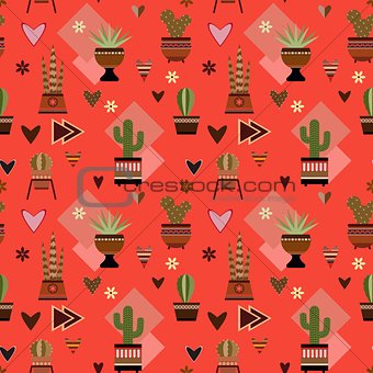 seamless red background with cactuses