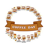 Coffee day card. Set of cute various beverage icons.