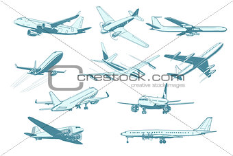 set aircraft air transport isolate on white background