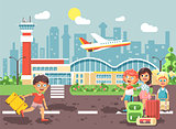 Vector illustration cartoon character late boy run to little children girl standing at airport, departing plane, bag suitcases awaiting for travel trip holiday weekend flat style city background