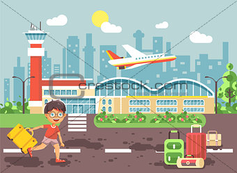 Vector illustration cartoon character late delay boy runs to bags and suitcases standing at airport, departing plane, awaiting for travel trip holiday weekend flat style city background