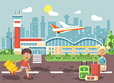 Vector illustration cartoon character late boy run to little blonde girl standing at airport, departing plane, bag suitcases awaiting for travel trip holiday weekend flat style city background