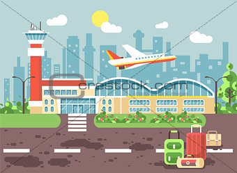 Vector illustration cartoon bags and suitcases standing at airport, late delay departing plane, awaiting for travel trip holiday weekend flat style city background for motion design site banner