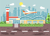 Vector illustration cartoon airport, late delay departing plane, awaiting for travel trip holiday weekend flat style city background for motion design or site banner