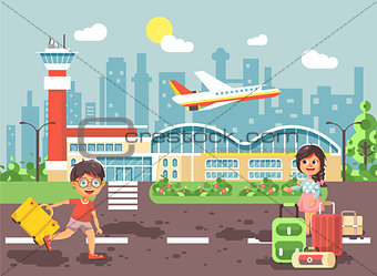 Vector illustration cartoon character late boy run to little brunette girl standing at airport, departing plane, bag suitcases awaiting for travel trip holiday weekend flat style city background
