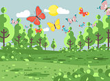 Vector illustration cartoon landscape of clearing, meadow, grassland, field, grass, lea, mead with trees lawn colorful butterflies, nature outdoor background flat style for banner, motion design