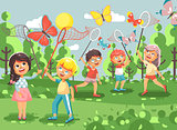 Vector illustration cartoon character children, young naturalists, biologist boys and girls catch colorful butterflies with nets, scoop-nets, hoop-nets on nature outdoor background in flat style