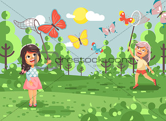 Vector illustration cartoon character lonely children, young naturalist, biologist two girls catch colorful butterflies with net, scoop-net, hoop-net on nature outdoor background in flat style