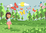 Vector illustration cartoon character lonely child, young naturalist, biologist brunette girl catch colorful butterflies with net, scoop-net, hoop-net on nature outdoor background in flat style