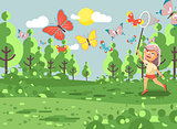 Vector illustration cartoon character lonely child, young naturalist, biologist blonde girl catch colorful butterflies with net, scoop-net, hoop-net on nature outdoor background in flat style