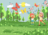 Vector illustration cartoon character two children, young naturalists, biologist boy and girl catch colorful butterflies with nets, scoop-nets, hoop-nets white background in flat style