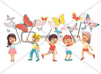Vector illustration isolated cartoon character children, young naturalists, biologist boys and girls catch colorful butterflies with nets, scoop-nets, hoop-nets on white background in flat style