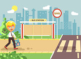 Vector illustration cartoon characters child, observance traffic rules, lonely blonde boy schoolchild, pupil go to road pedestrian crossing, on bus stop background, back to school in flat style