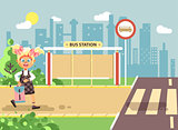 Vector illustration cartoon characters child, observance traffic rules, lonely blonde girl schoolchild, pupil go to road pedestrian crossing, on bus stop background, back to school in flat style