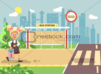 Vector illustration cartoon characters child, observance traffic rules, lonely blonde girl schoolchild, pupil go to road pedestrian crossing, on bus stop background, back to school in flat style