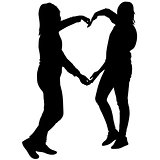 Silhouette two girls holding hands in heart shape, vector illustration