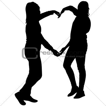 Silhouette two girls holding hands in heart shape, vector illustration