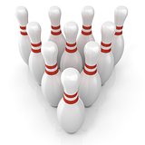 Bowling pins with red stripes, grouped