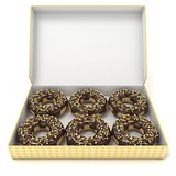 Box of chocolate donuts. Front view. 3D