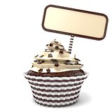 Chocolate cupcake and blank board. 3D