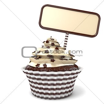 Chocolate cupcake and blank board. 3D