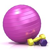 Violet fitness ball and weights