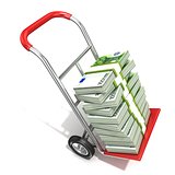 Hand truck with stacks of hundreds euros isolated on white backg