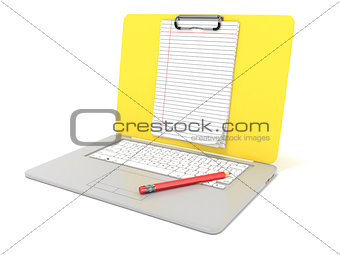 Blank clipboard lined paper on laptop. Side view. 3D