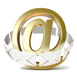 Envelopes around golden e-mail sign. 3D