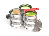 Metal tin cans with green paint and paintbrush. 3D