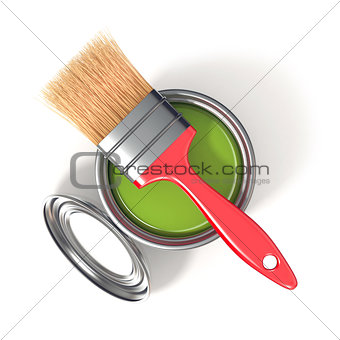 Metal tin can with green paint and paintbrush. Top view. 3D