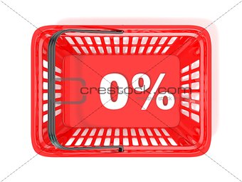 0 percent discount tag in red shopping basket. 3D