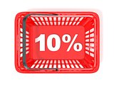 10 percent discount tag in red shopping basket. 3D