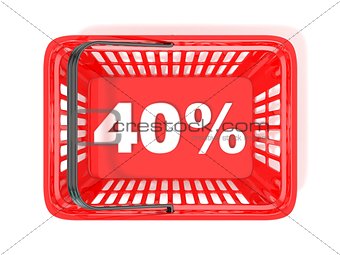 40 percent discount tag in red shopping basket. 3D
