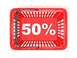 50 percent discount tag in red shopping basket. 3D