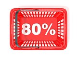 80 percent discount tag in red shopping basket. 3D
