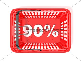 90 percent discount tag in red shopping basket. 3D