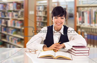 Young Female Mixed Race Student In Library with Books, Paper and