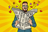 happy hipster reads the newspaper news