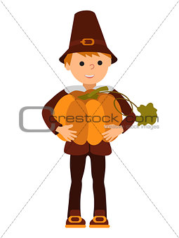 Vector illustration cute little boy holding a big pumpkin isolated on white background for Happy Thanksgiving Day celebrations.