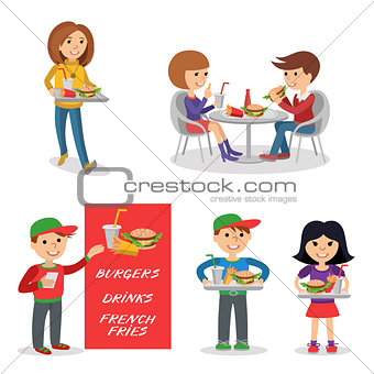 Fast food restaurant. People figures isolated on white background.