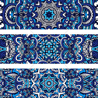 Festive tribal ornamental blue geometric vector ethnic banner set